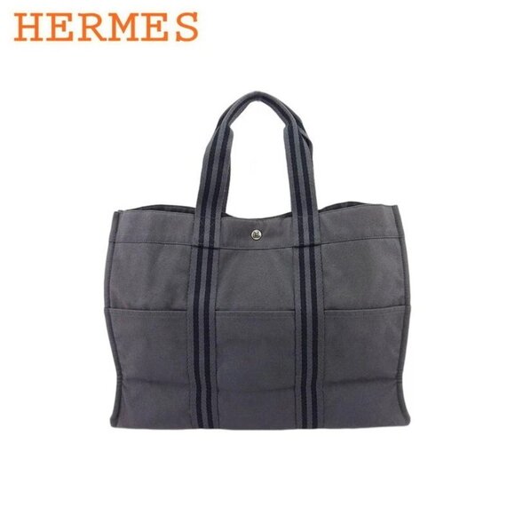 HERMES Tote Bag Fool Toe Gray Gray Cotton Canvas Authentic Used - Picture 1 of 10